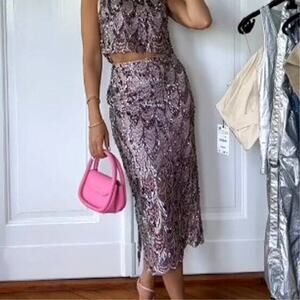 Zara Iridescent Pink & Purple Scalloped Sequin Mermaid Midi Pencil Skirt Size XS